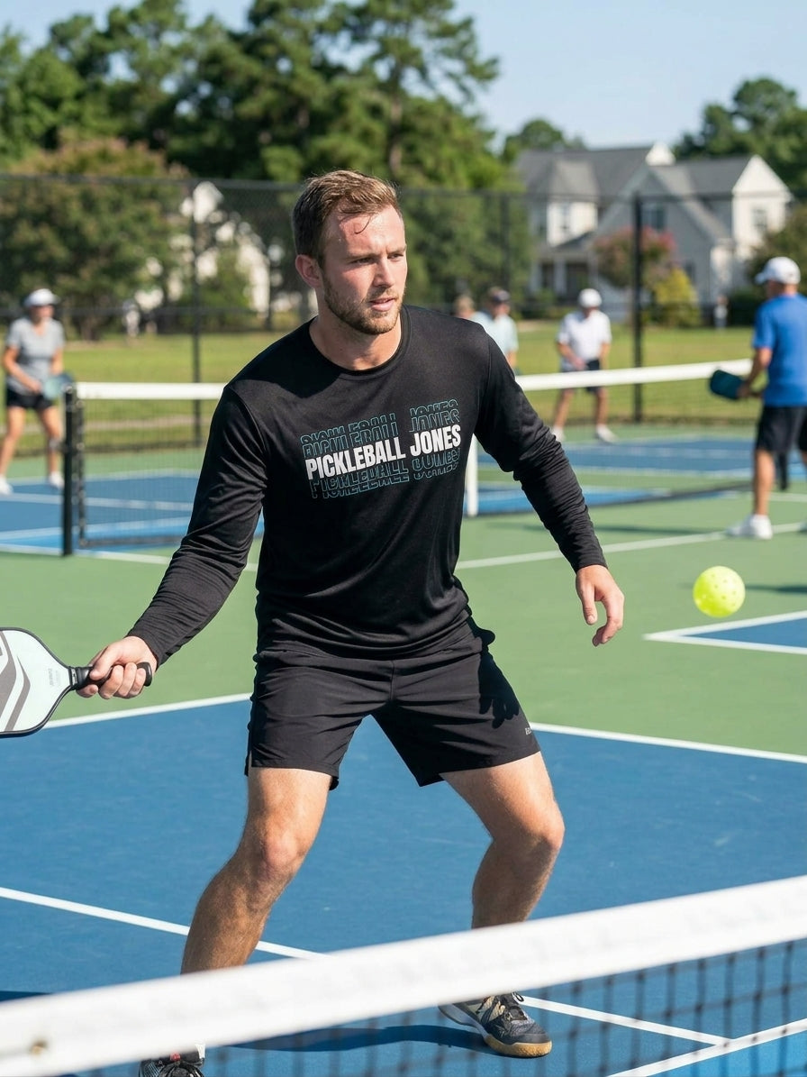 Men's Black Long Sleeve Performance w/ White and Seafoam Stacked Logo