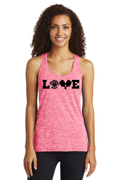 Ladies Racerback LOVE Tank in Electric Heather Pink