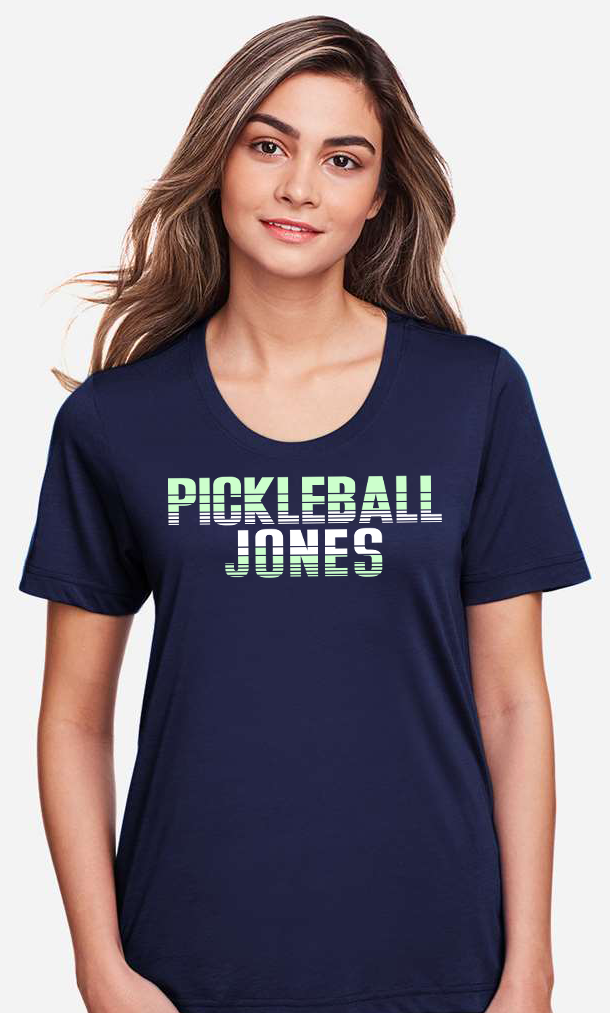 Ladies Short Sleeve Navy Scoop Neck w/ Mint Striped Pickleball Jones