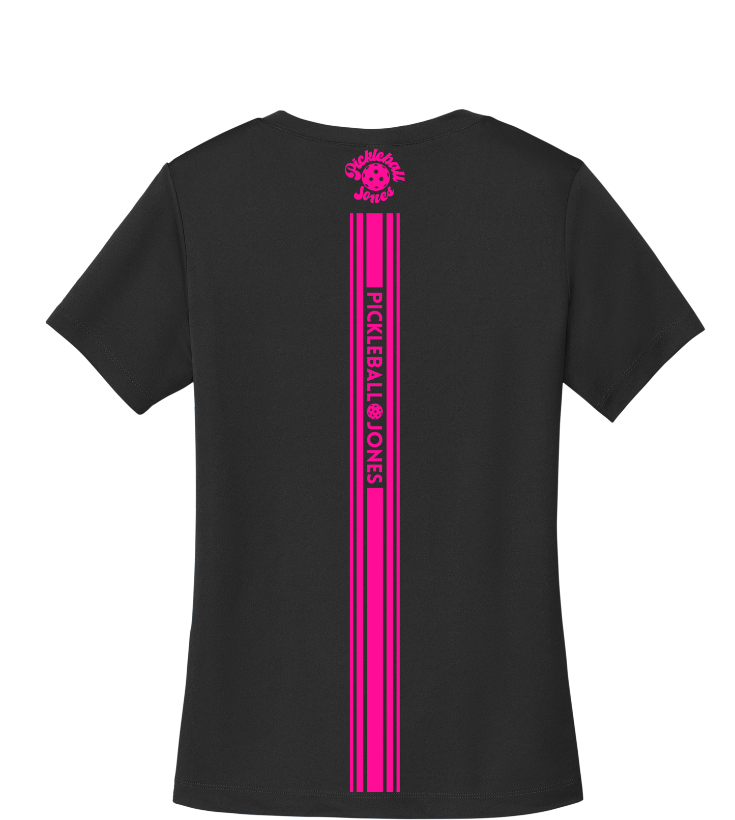 Ladies Short Sleeve Black V-Neck with Neon Pink Back Stripe