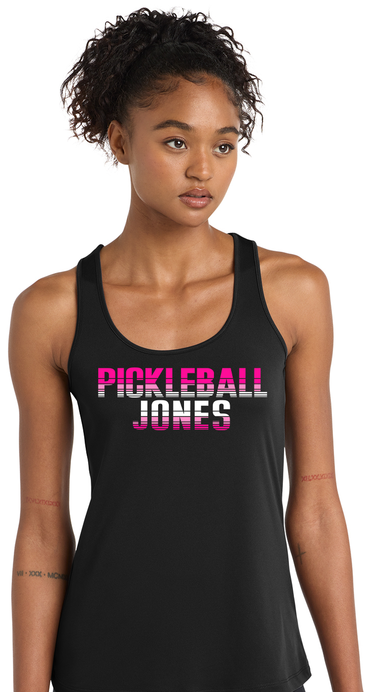 Ladies Black Racerback Tank with Pink Striped Pickleball Jones
