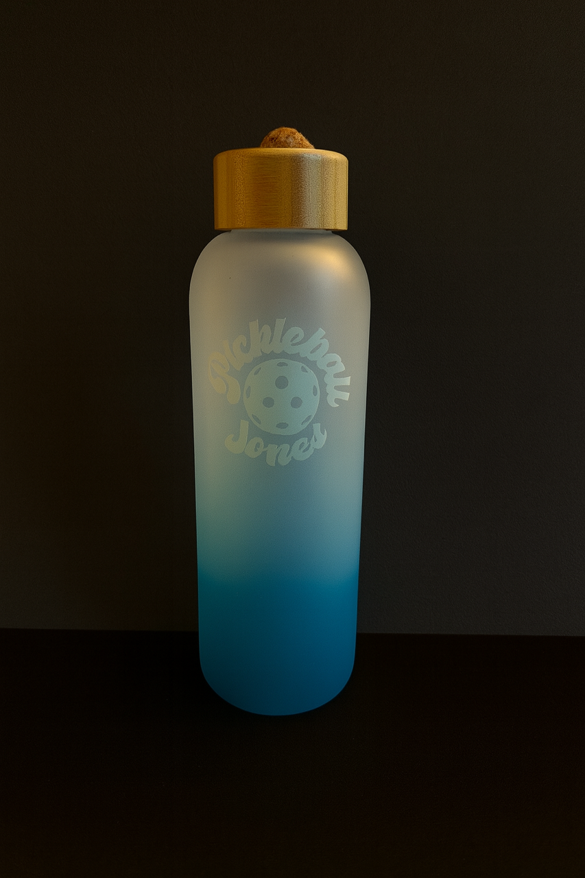 24 oz Frosted Glass Water Bottles w/ bamboo lid