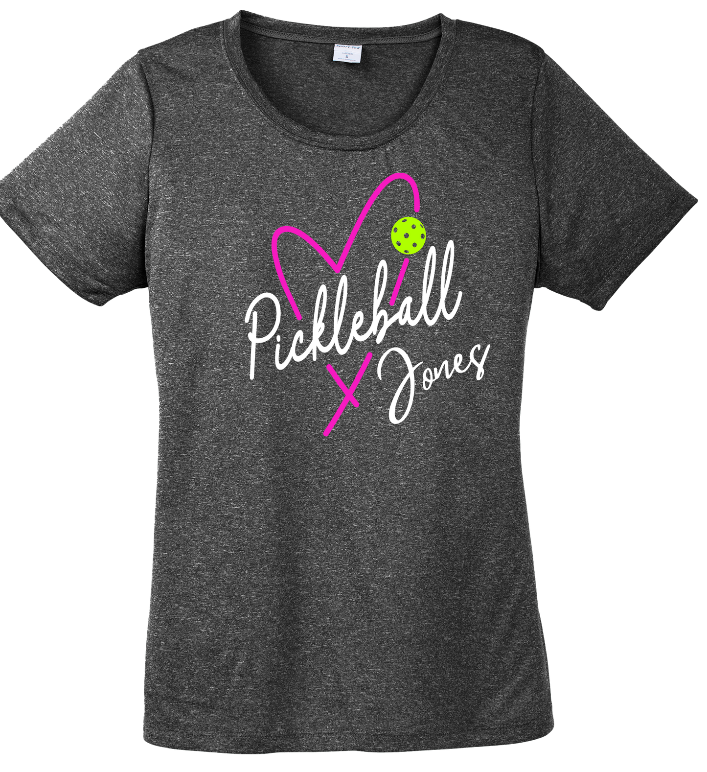 Ladies Short Sleeve Scoop Neck Graphite Heathered Tee with Pink, White, and Neon Green Pickleball Jones Heart Design
