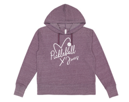 Ladies Purple Heathered Hoodie w/ White Pickleball Jones Heart Design