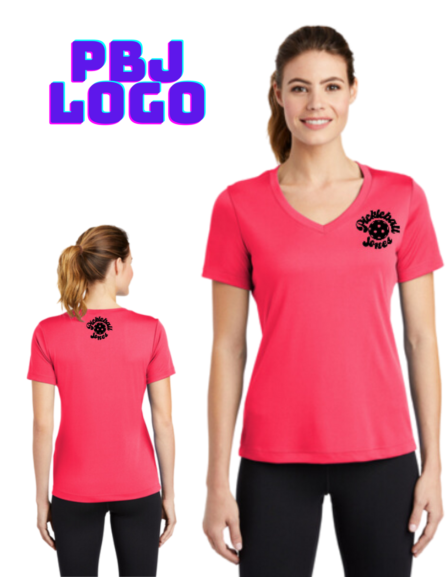 Ladies V-neck Short Sleeve PBJ Logo Hot Coral