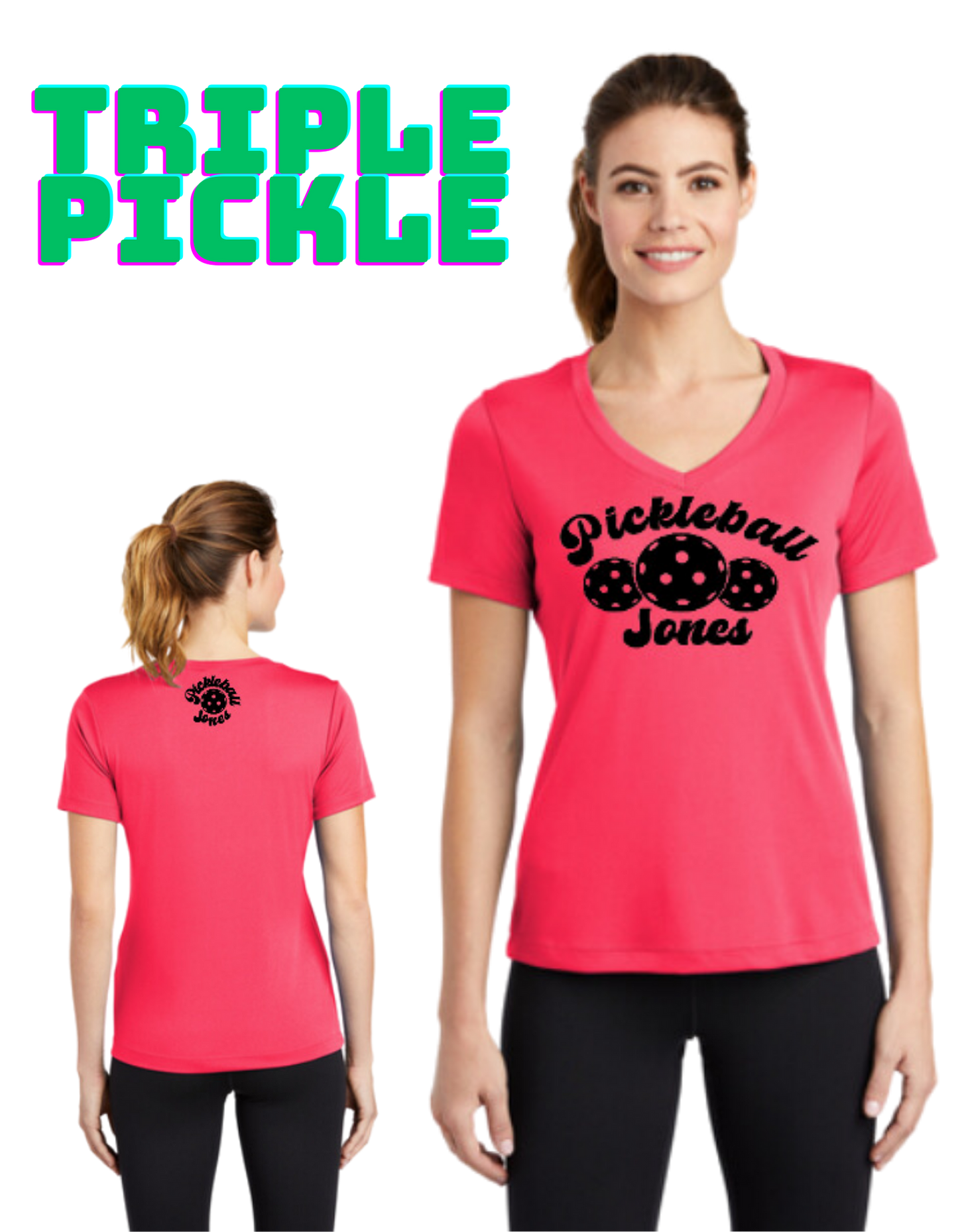 Ladies V-neck Short Sleeve Triple Pickle Hot Coral