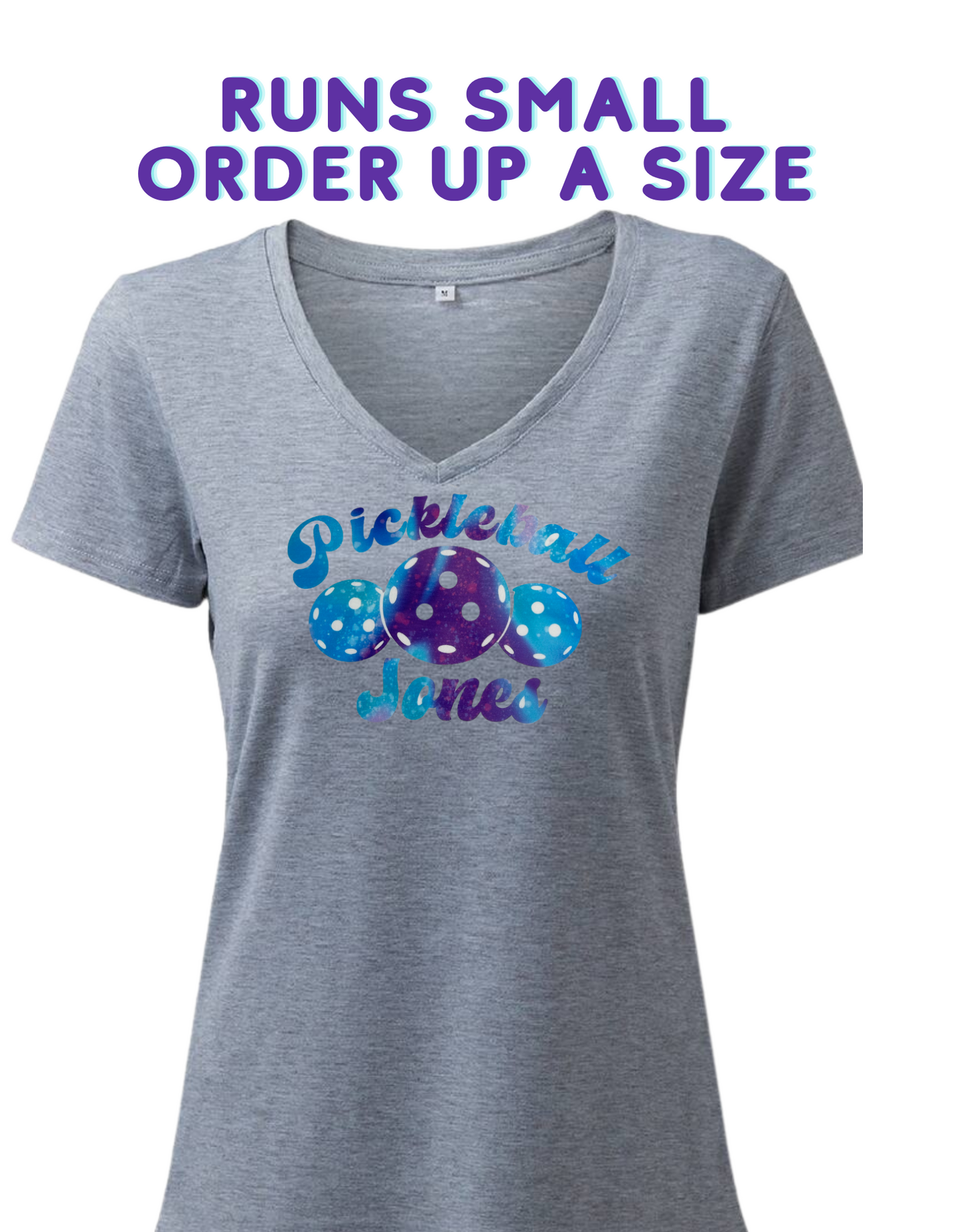 Ladies Grey V Neck "Trippy Pickle" Purple/Blue