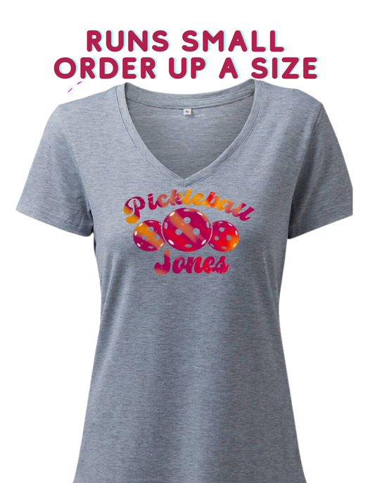 Ladies Grey V Neck "Trippy Pickle" Pink/Orange