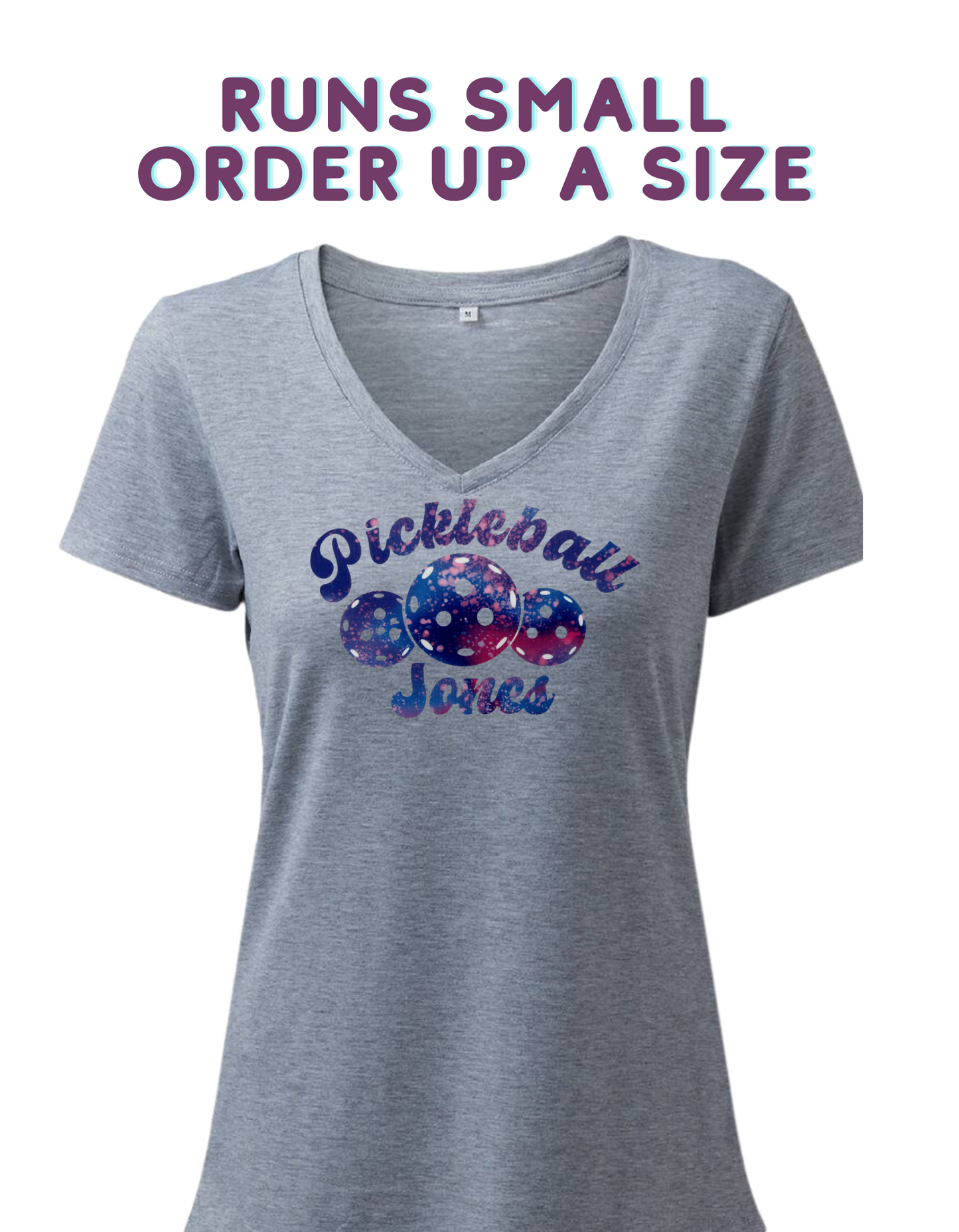 Ladies Grey V Neck "Trippy Pickle" Purple/Pink