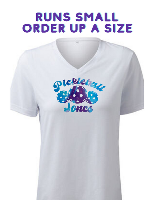 Ladies White V Neck "Trippy Pickle" Purple/Blue