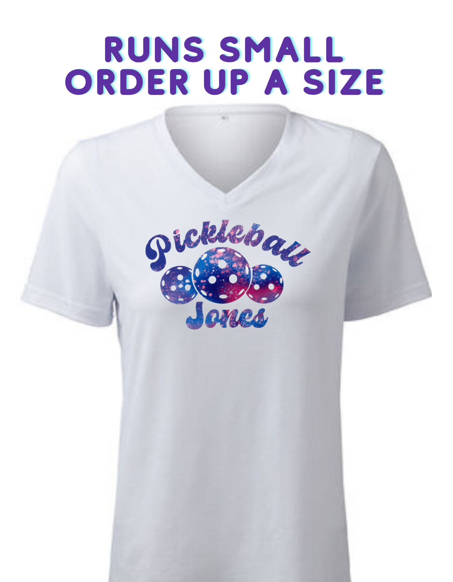 Ladies White V Neck "Trippy Pickle" Purple/Pink