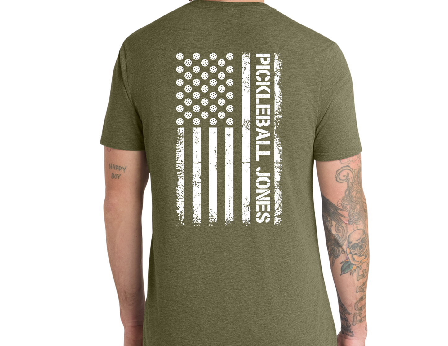 Men's Olive Green Short Sleeve with distressed white back flag