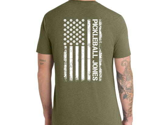Men's Olive Green Short Sleeve with distressed white back flag