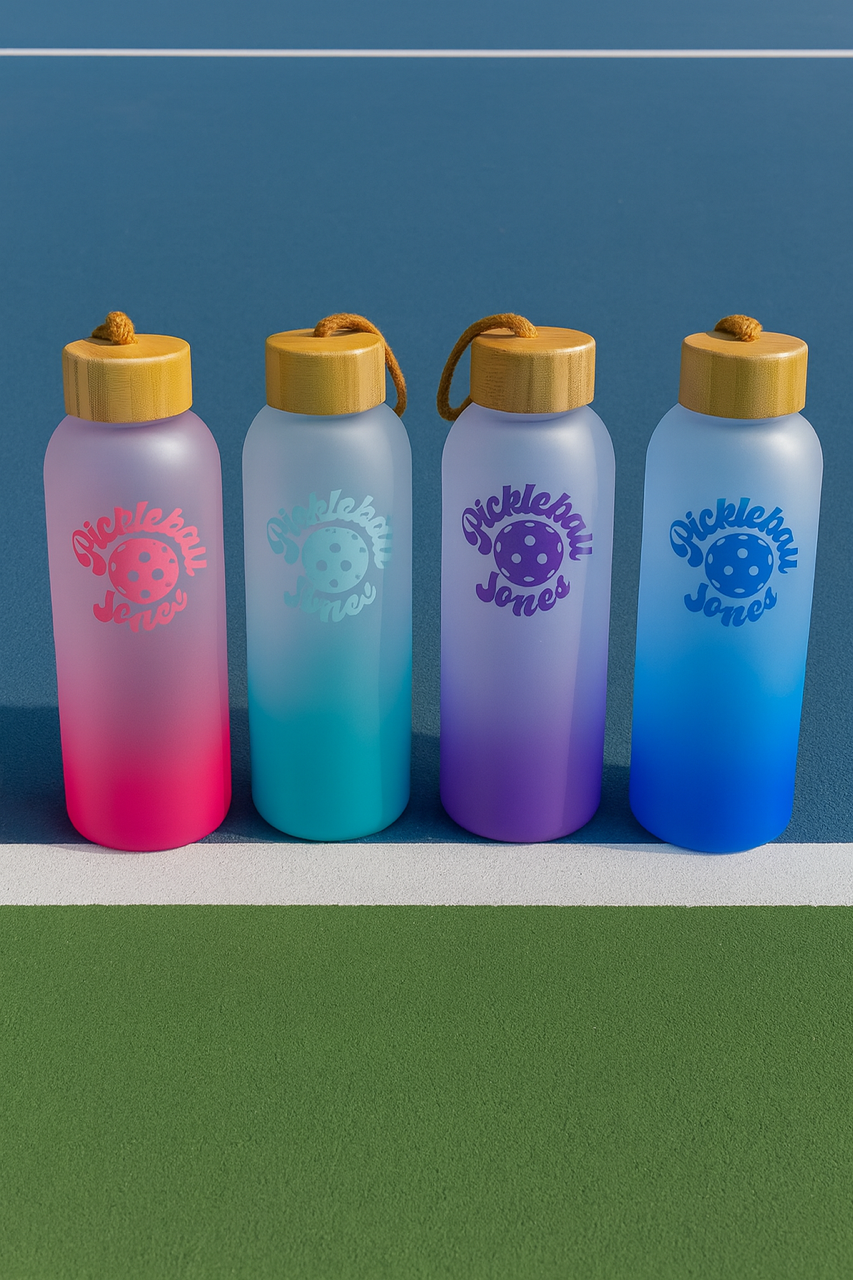 24 oz Frosted Glass Water Bottles w/ bamboo lid