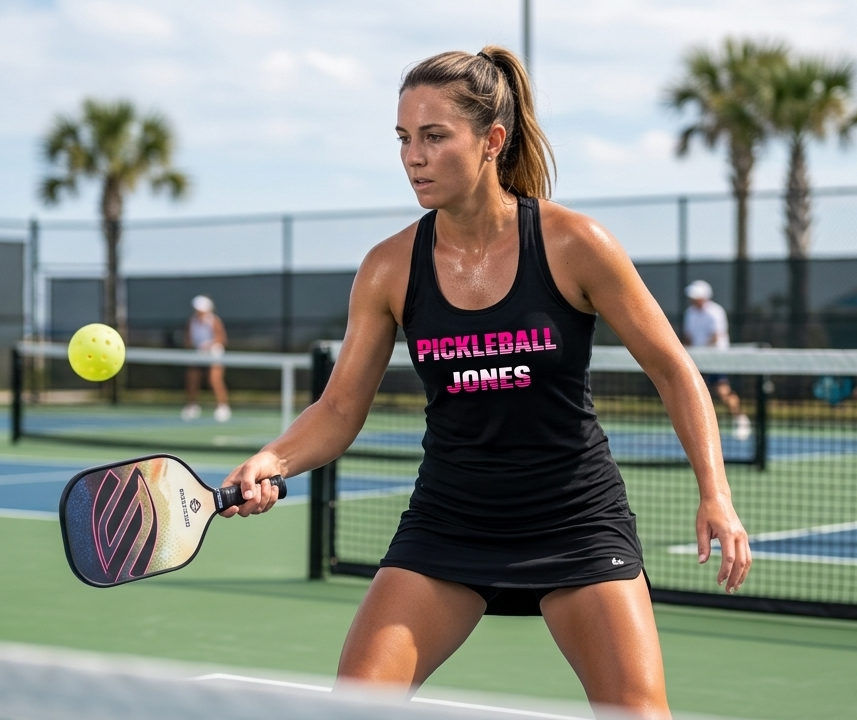 Ladies Black Racerback Tank with Pink Striped Pickleball Jones