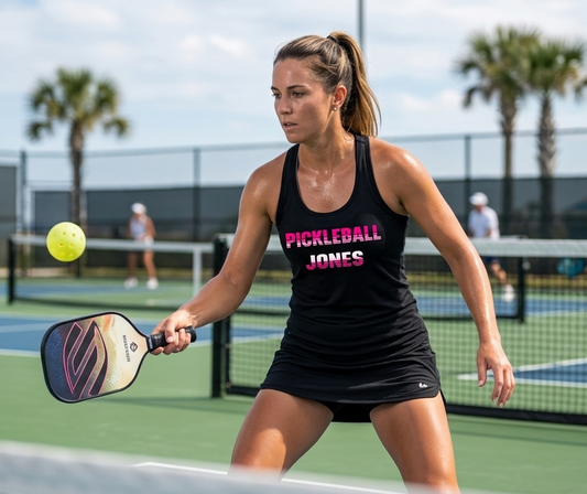 Ladies Black Racerback Tank with Pink Striped Pickleball Jones