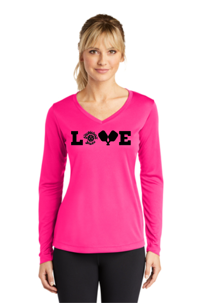 Ladies Long Sleeve V-Neck LOVE - Neon Pink