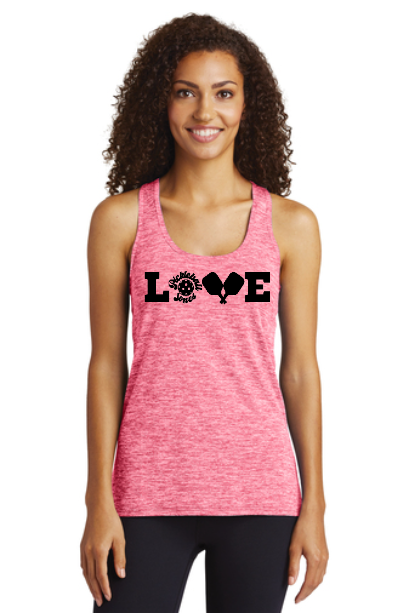 Ladies  Racerback LOVE Tank in Electric Heather Pink