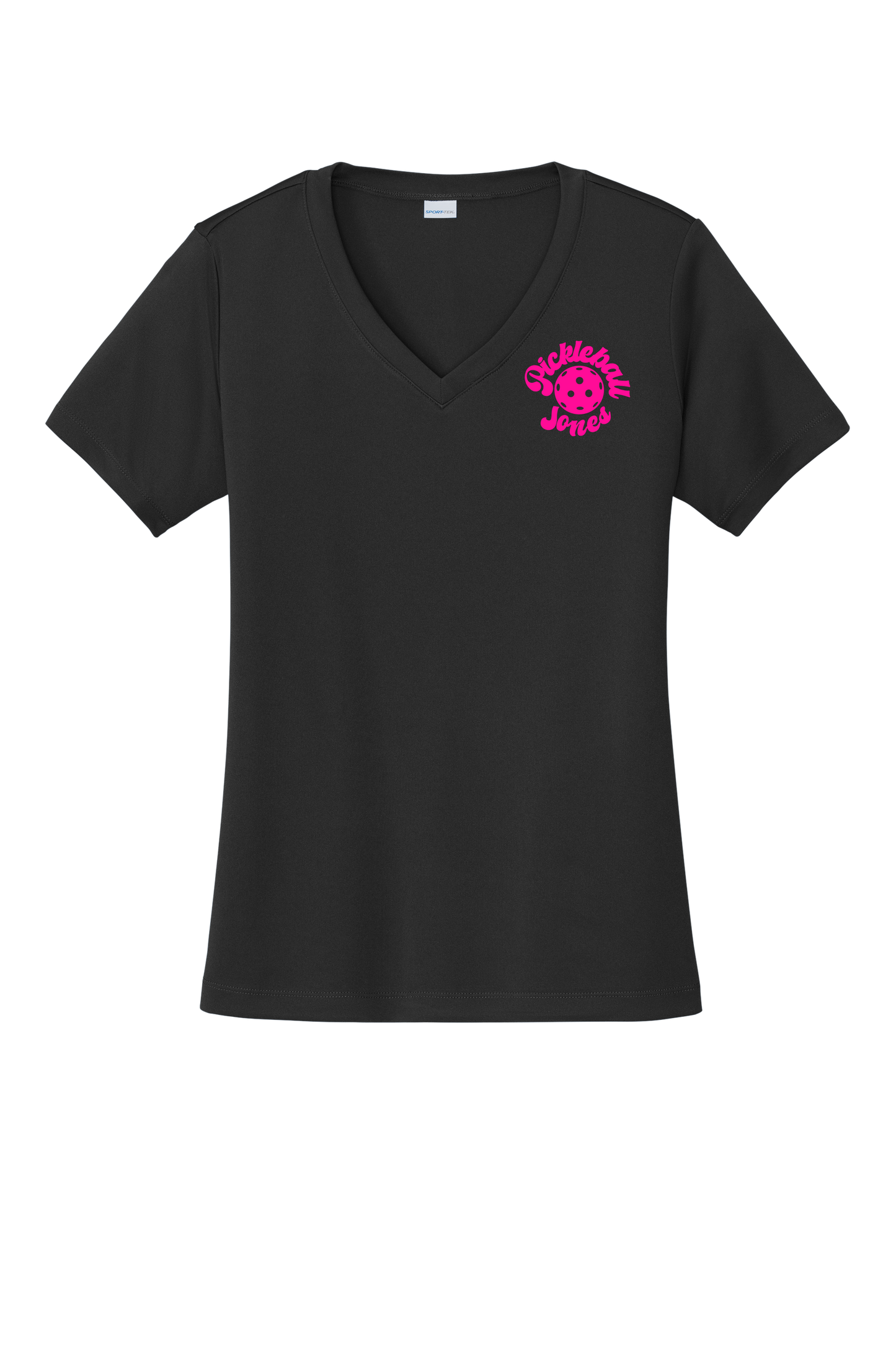 Ladies Short Sleeve Black V-Neck with Neon Pink Back Stripe