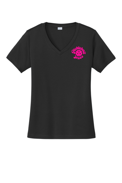 Ladies Short Sleeve Black V-Neck with Neon Pink Back Stripe
