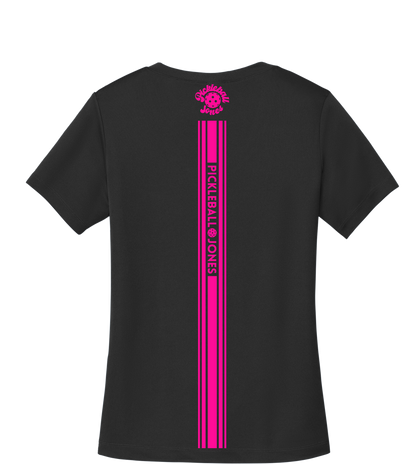 Ladies Short Sleeve Black V-Neck with Neon Pink Back Stripe