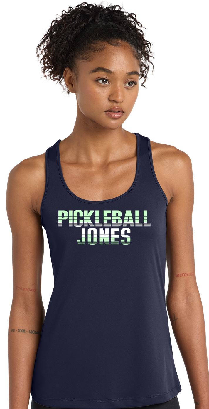 Ladies Navy Racerback Tank with Mint Striped Pickleball Jones