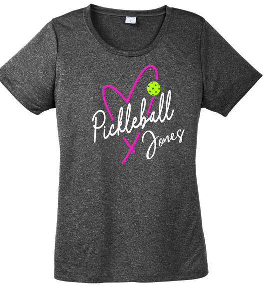 Ladies Short Sleeve Scoop Neck Graphite Heathered Tee with Pink, White, and Neon Green Pickleball Jones Heart Design