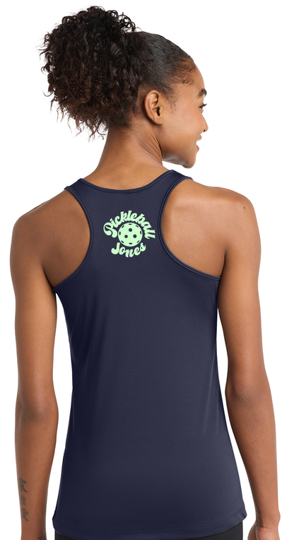 Ladies Navy Racerback Tank with Mint Striped Pickleball Jones