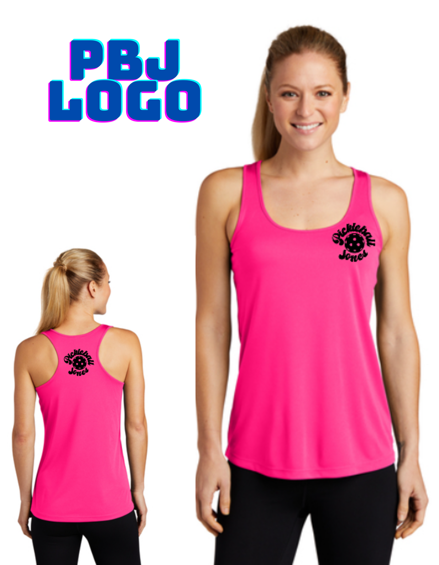 Ladies Racerback Tank PBJ Logo Neon Pink