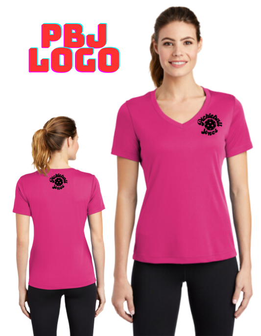 Ladies V-neck Short Sleeve PBJ Logo Pink Raspberry