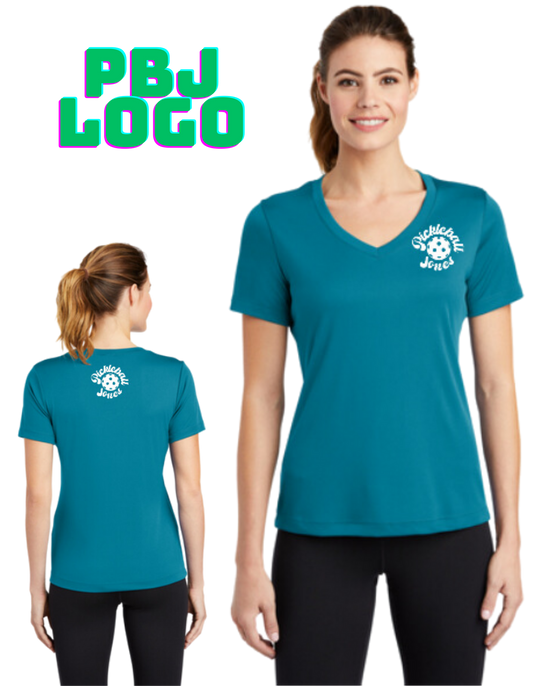 Ladies V-neck Short Sleeve PBJ Logo Tropic Blue