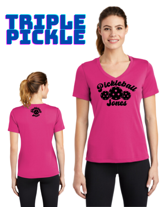 Ladies V-neck Short Sleeve Triple Pickle Raspberry